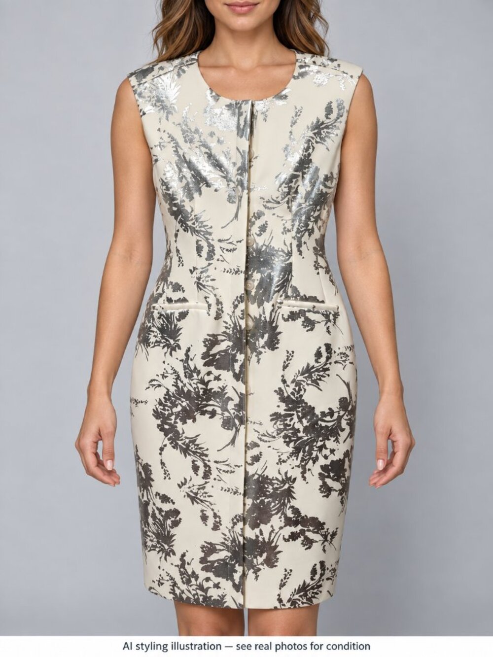 Calvin Klein Ivory Silver Metallic Floral Button Front Sheath Dress 6
